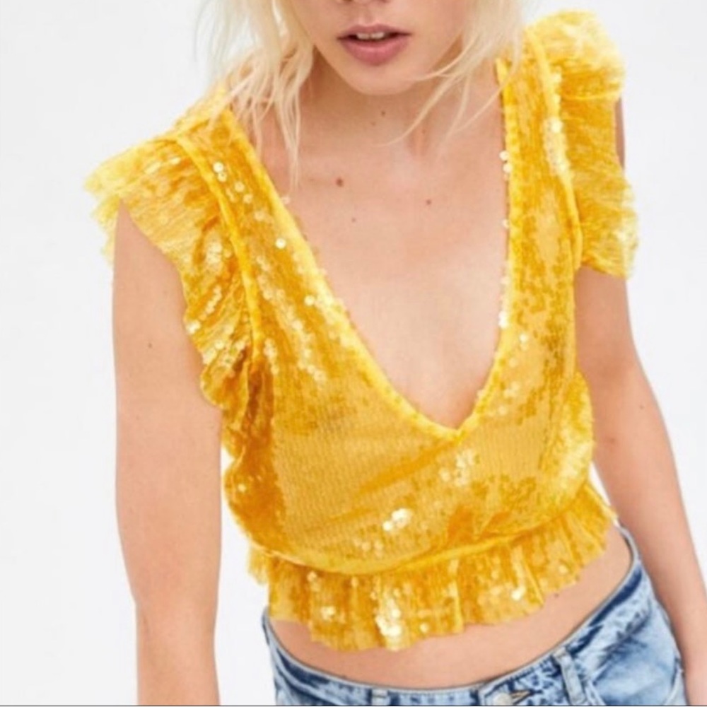 Yellow sequined Zara top. Never worn. Size Small. Like New